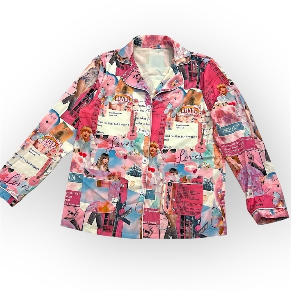 Taylor Swift graphic sleep shirt, fashion buttondown shirt, pink, size M